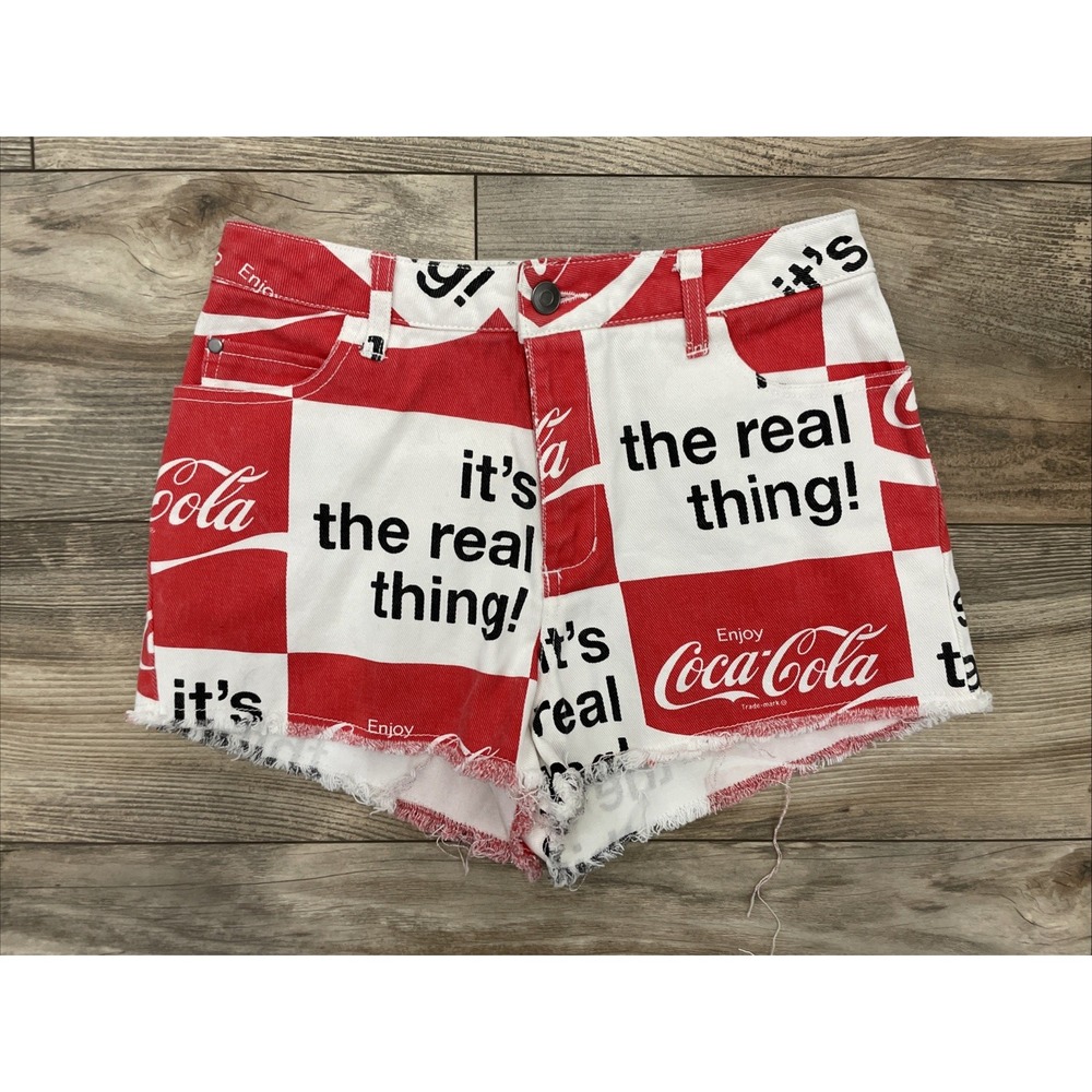 Coca-Cola Women Red White It's The Real Thing Cut Off Frayed Jean Shorts Size S